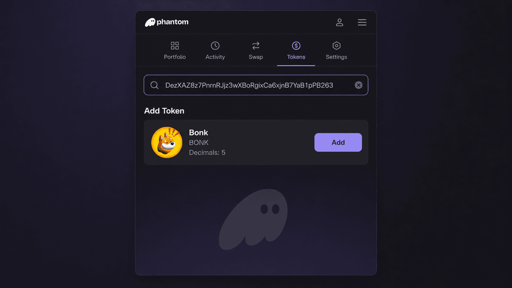 Phantom desktop extension with BONK mint address pasted in the search bar — the Add Token card shows the auto-fetched name 'Bonk', symbol 'BONK', and decimals '5' next to a purple Add button