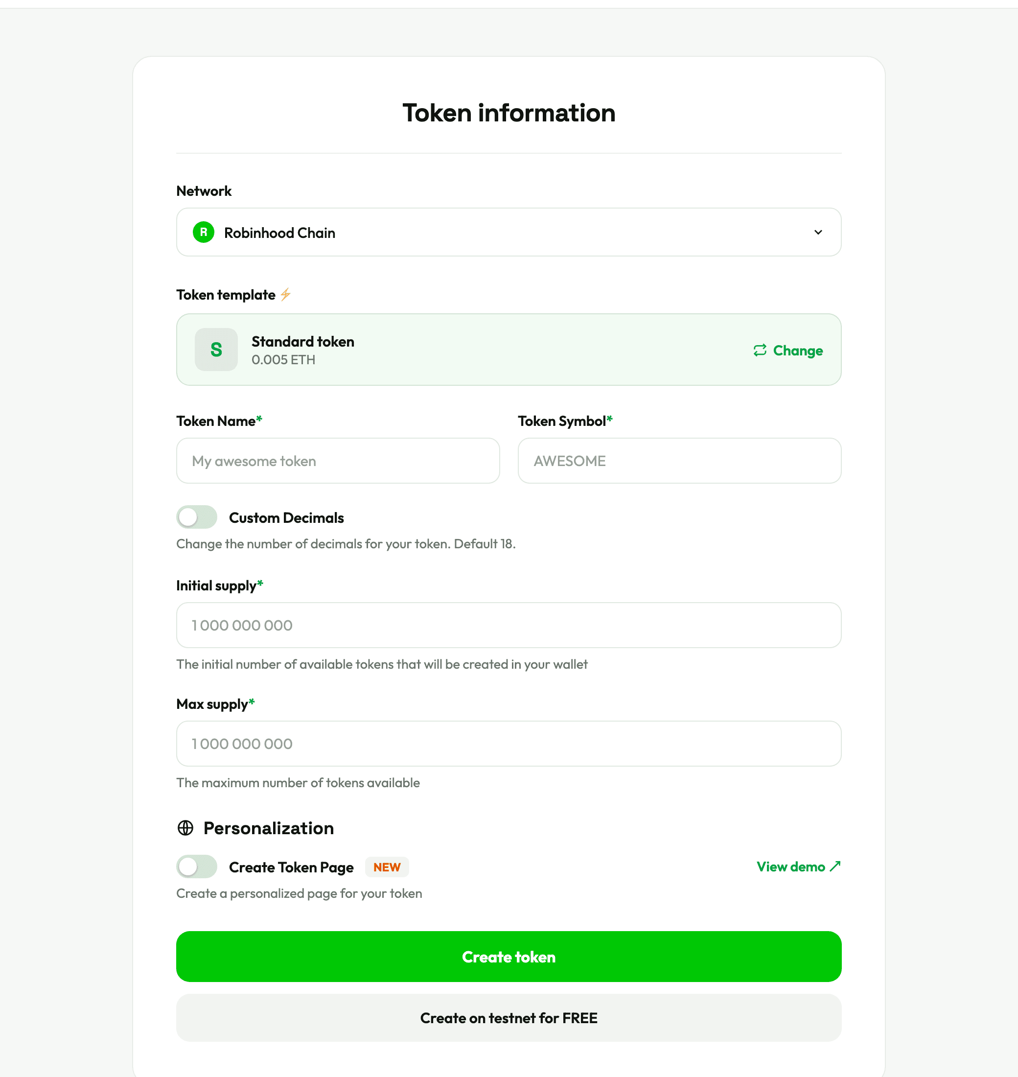 The 10 Coin Lab create form on August 30, 2026: Robinhood Chain network selected, a Standard token template priced at 0.005 ETH, token name and symbol fields, custom decimals defaulting to 18, initial and max supply fields, a Create Token Page personalization toggle, and a Create on testnet for FREE button