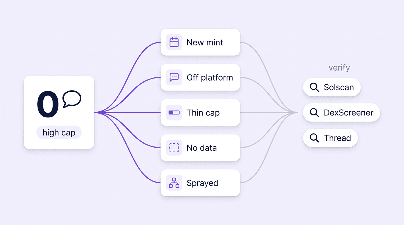 Decision flow starting from a card showing zero replies at a high market cap, branching into five labelled hypotheses — fresh mint, off-platform community, thin cap, missing data, sprayed narrative — each connecting to the verification surface that tests it, Solscan, DexScreener or the coin's own thread