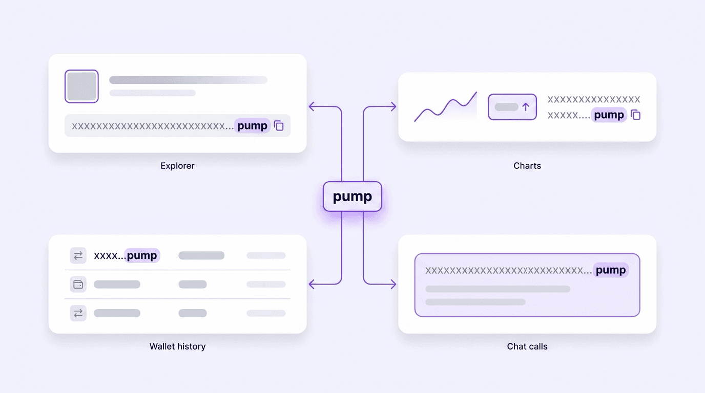 Diagram showing where a Solana mint address ending in pump is visible to traders — a Solscan token page header, a DexScreener pair row, a truncated wallet transaction entry, and a Telegram contract-address call, with the final four characters highlighted in each surface