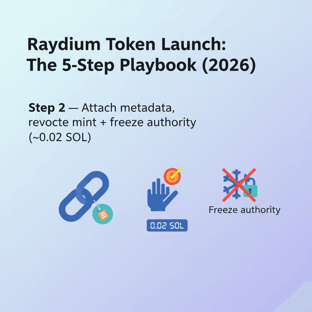Step 2 — Attach metadata, revoke mint + freeze authority, priced as flat optional extras on top of the mint
