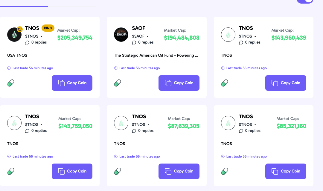 The live Trending Pump.fun Coins board inside Alchemii — six coin cards showing logo, ticker, reply count, USD market cap and time since last trade, each with its own Copy Coin button that reopens the token creator prefilled with that coin's name, image and memecoin settings