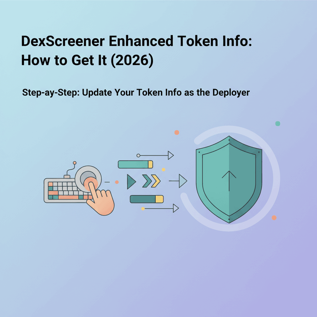 Step-by-step Metaplex metadata update flow — deployer wallet signs an on-chain Update instruction, DexScreener re-indexes within minutes, and the Enhanced Token Info block populates on the pair page