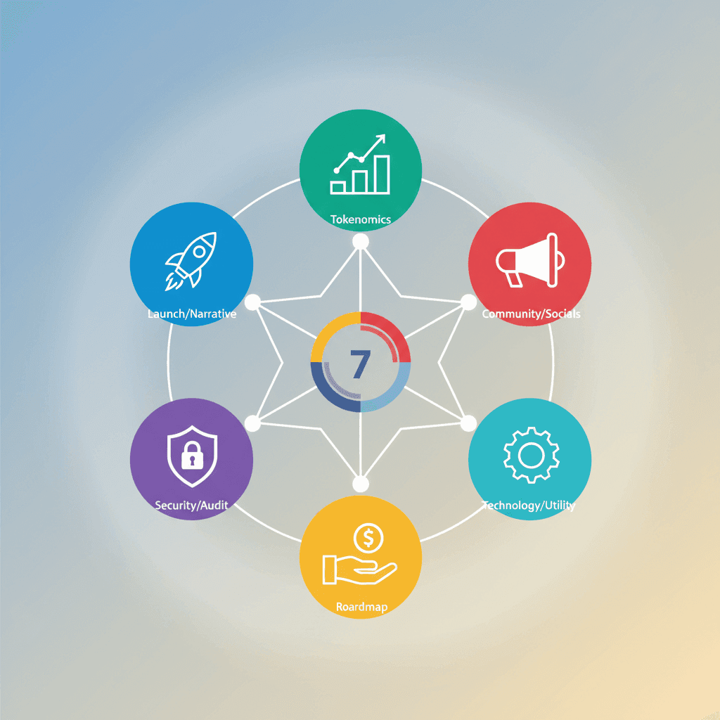 The 7-element memecoin website teardown — hero block with mint address, contract verification proof, LP burn proof, holder count, trading widget, Telegram/X social proof, and roadmap-or-disclaimer footer, with the trust signal each element carries and the failure mode if missing