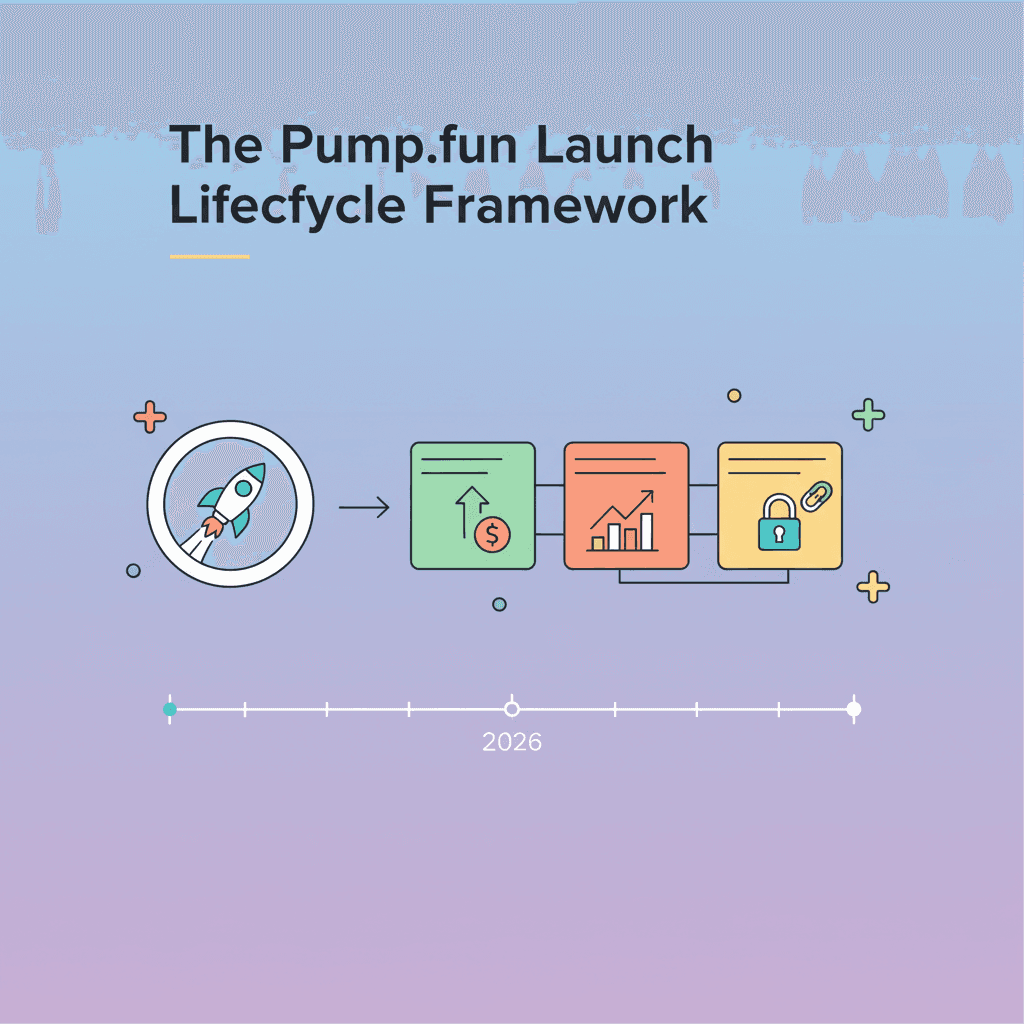 The Pump.fun launch lifecycle framework — three phases from mint creation, through bonding-curve price discovery, to Raydium graduation at the 85 SOL buy-side liquidity threshold, with the trader and creator action set documented for each phase