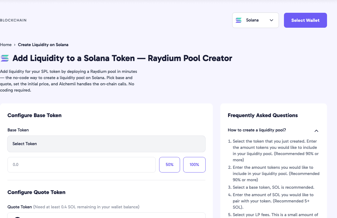 Alchemii Create Liquidity interface — Raydium AMM v4 pool builder with base token, quote token, and amount fields
