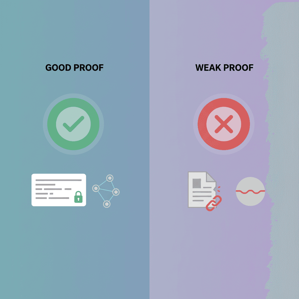 LP burn good-proof versus weak-proof side-by-side comparison — the credible proof packet (Solscan TX, locked-liquidity badge, pool URL, signed announcement) next to common weak-proof patterns (just a screenshot, just a tweet, no Solscan link) traders systematically reject