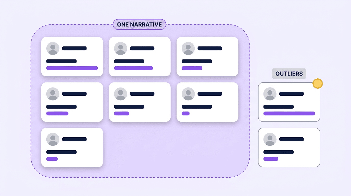 A trending board card grid where seven of nine cards are visually grouped inside one bounded region labelled as a single narrative, with two unrelated cards outside it