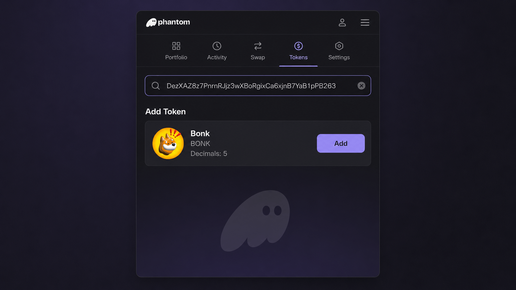 Phantom desktop extension with BONK mint address pasted in the search bar — the Add Token card shows the auto-fetched name 'Bonk', symbol 'BONK', and decimals '5' next to a purple Add button