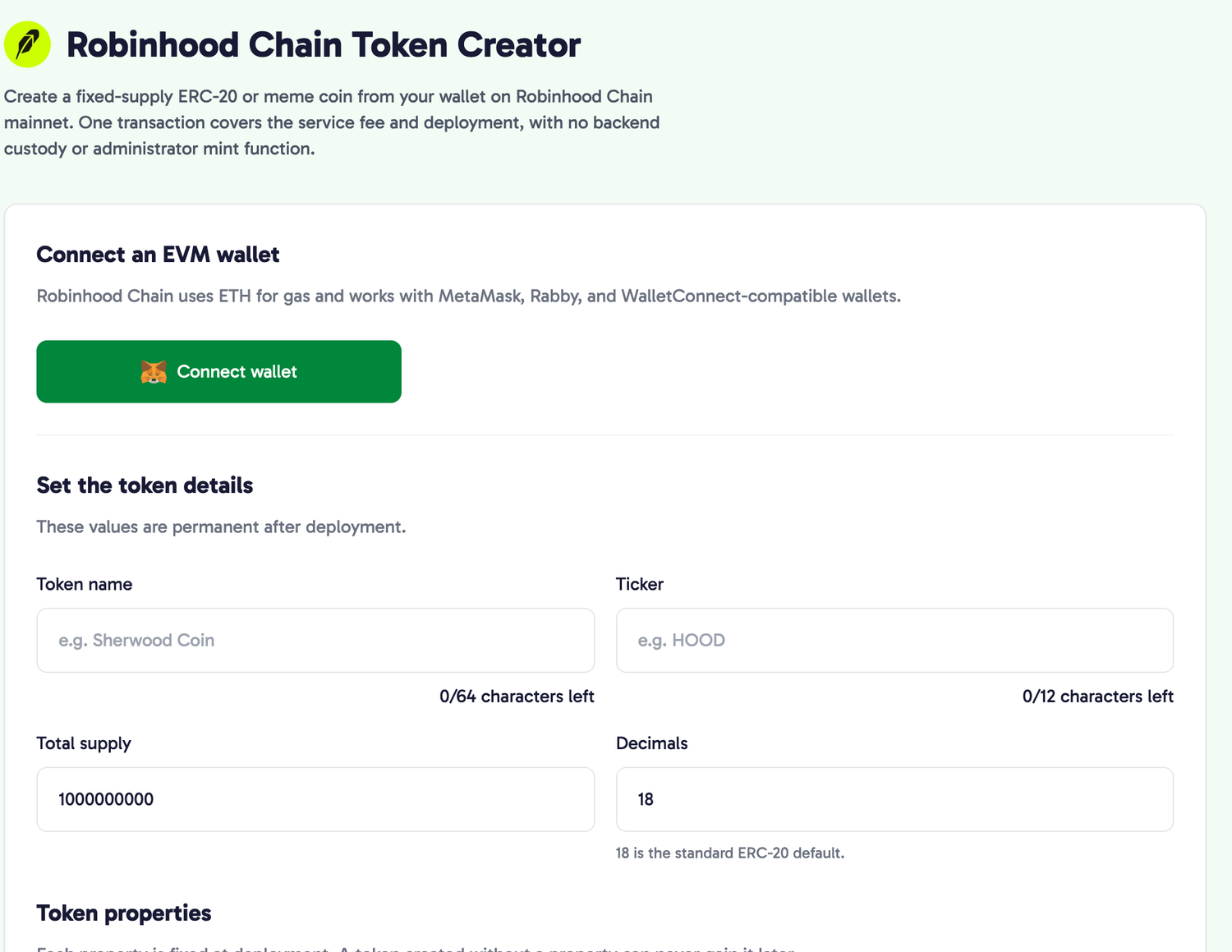 The Alchemii Robinhood Chain token creator: an EVM wallet connect panel, then fields for token name, ticker, total supply defaulting to 1,000,000,000 and decimals defaulting to 18