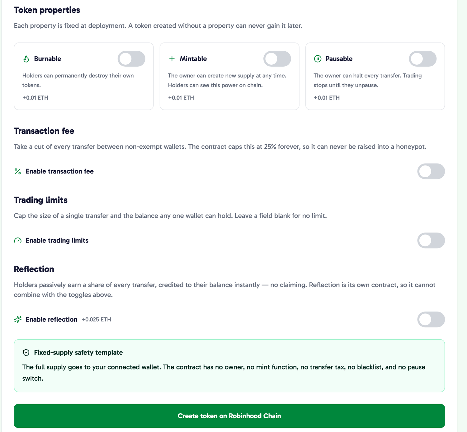 Token properties as toggles — Burnable, Mintable and Pausable at +0.01 ETH each — followed by Transaction fee, Trading limits and Reflection sections, each with its own toggle