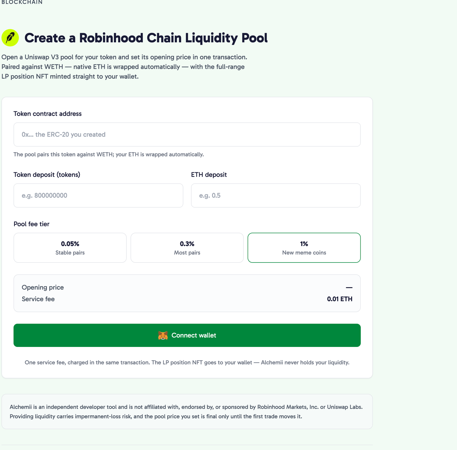 The Robinhood Chain liquidity pool creator: token address, token and ETH deposit amounts, three Uniswap fee tiers of 0.05%, 0.3% and 1%, and an opening-price preview