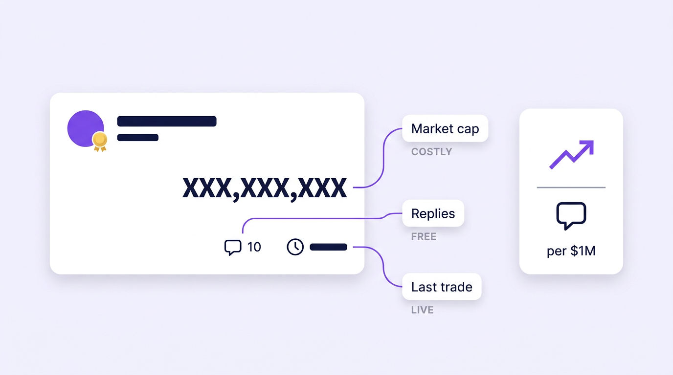 Anatomy of a pump.fun trending card broken into three labelled signals — market cap as a costly point-in-time number, reply count as a free lifetime-cumulative number, and last-trade time as the only live field — with the ratio between the first two shown as a derived metric