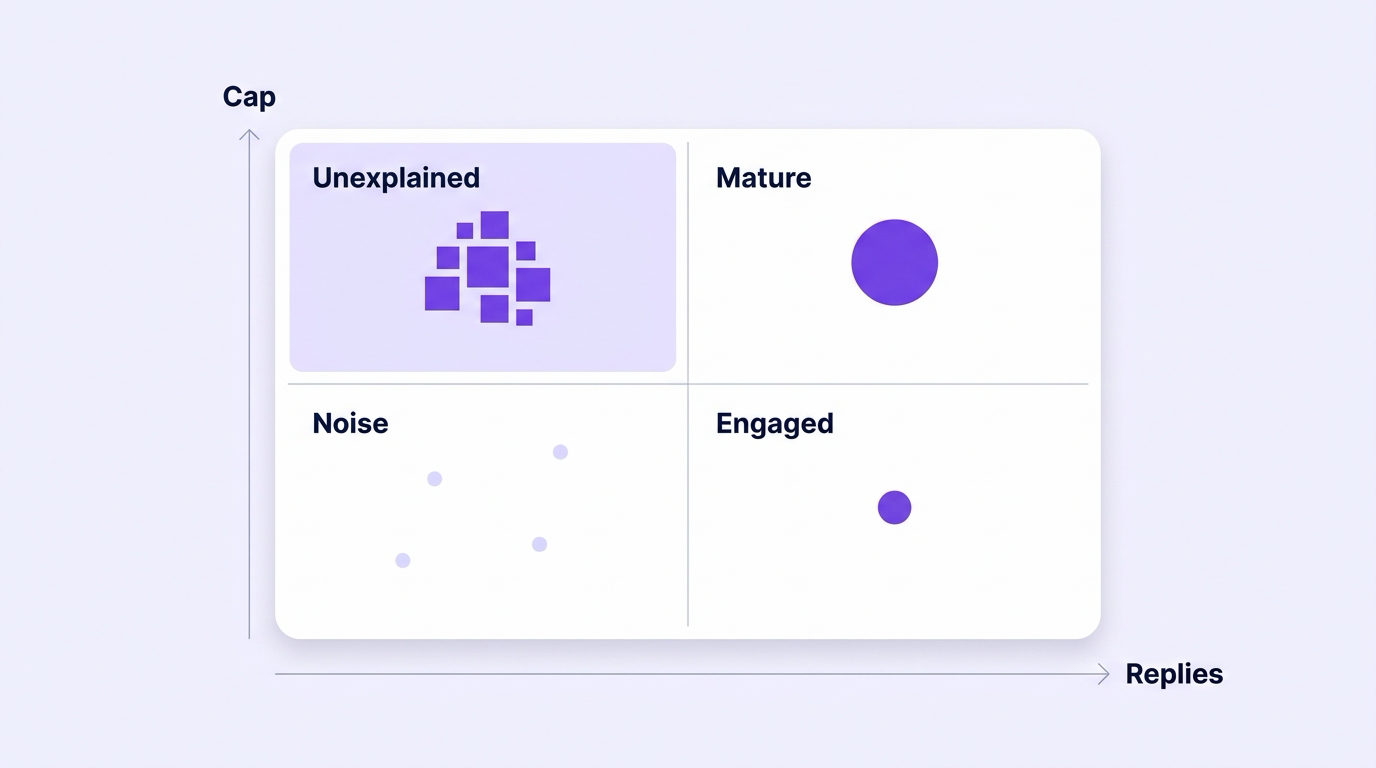 Two-by-two quadrant map of memecoin market cap against reply count, with four labelled cells — mature, engaged small, unexplained, and noise — and three example clusters placed on it, one high-cap high-reply coin, one small high-engagement coin, and a cluster of high-cap zero-reply cards