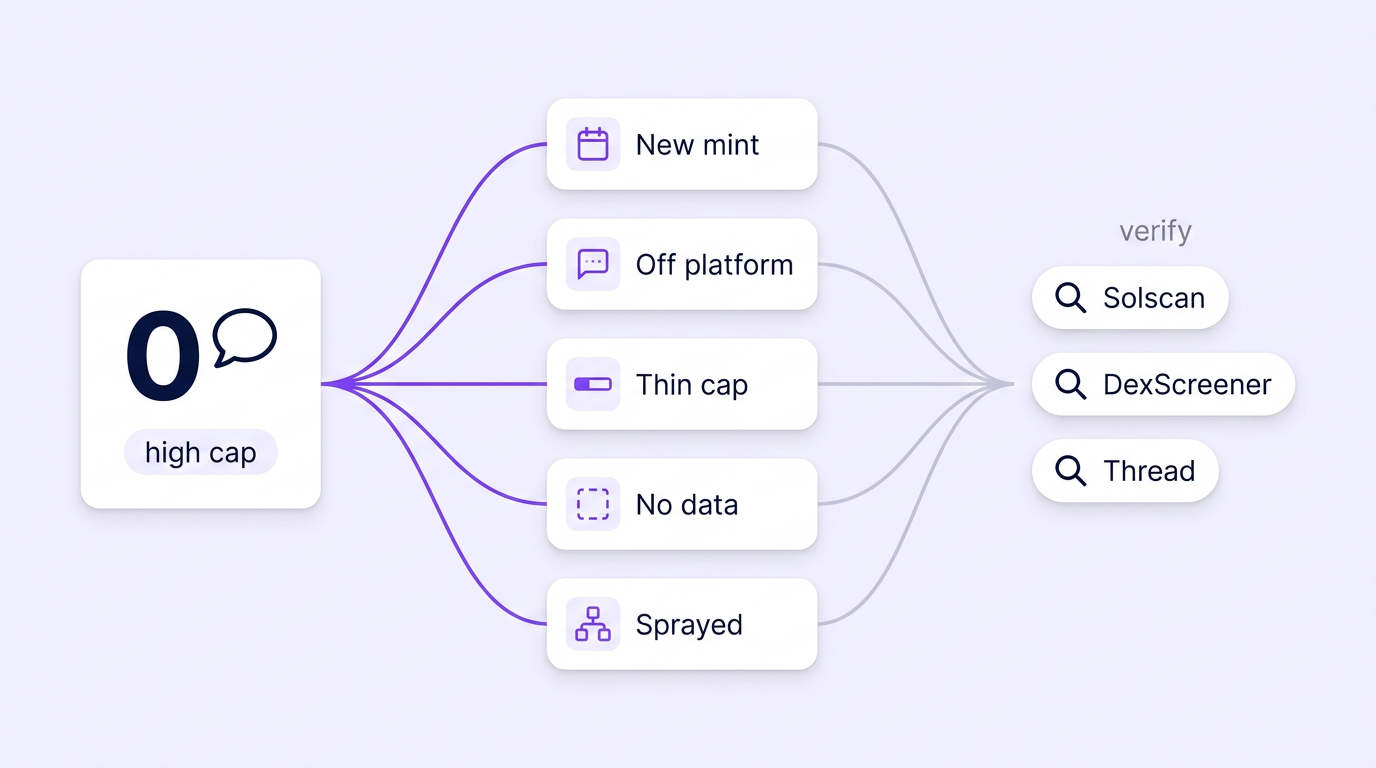 Decision flow starting from a card showing zero replies at a high market cap, branching into five labelled hypotheses — fresh mint, off-platform community, thin cap, missing data, sprayed narrative — each connecting to the verification surface that tests it, Solscan, DexScreener or the coin's own thread