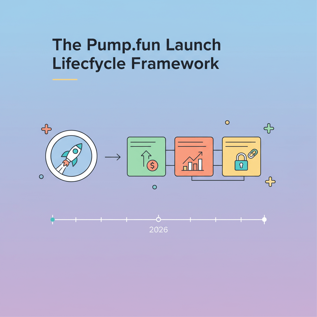 The Pump.fun launch lifecycle framework — three phases from mint creation, through bonding-curve price discovery, to Raydium graduation at the 85 SOL buy-side liquidity threshold, with the trader and creator action set documented for each phase