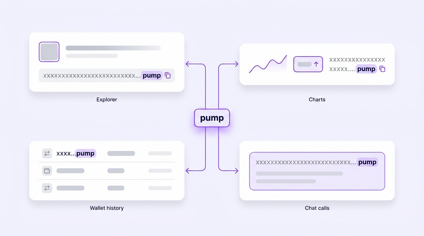 Diagram showing where a Solana mint address ending in pump is visible to traders — a Solscan token page header, a DexScreener pair row, a truncated wallet transaction entry, and a Telegram contract-address call, with the final four characters highlighted in each surface