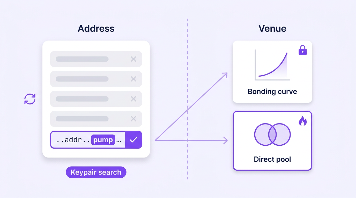 Split diagram separating a Solana mint address from a launch venue — left panel shows a keypair search producing a base58 address ending in pump, right panel shows two venue choices, bonding curve versus direct Raydium pool, with arrows demonstrating that the suffix attaches to either