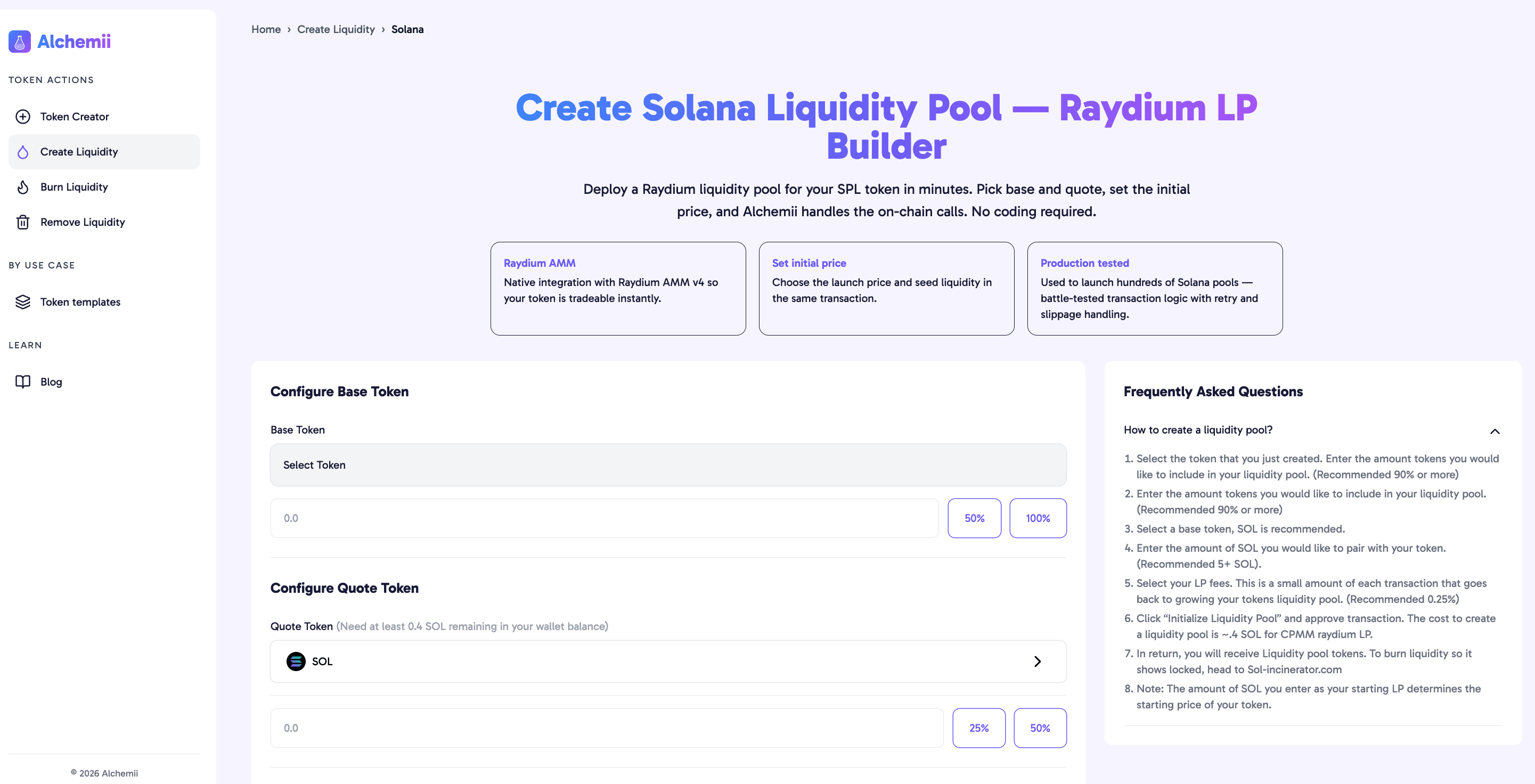 Alchemii Create Liquidity interface — Raydium AMM v4 pool builder with base token, quote token, and amount fields