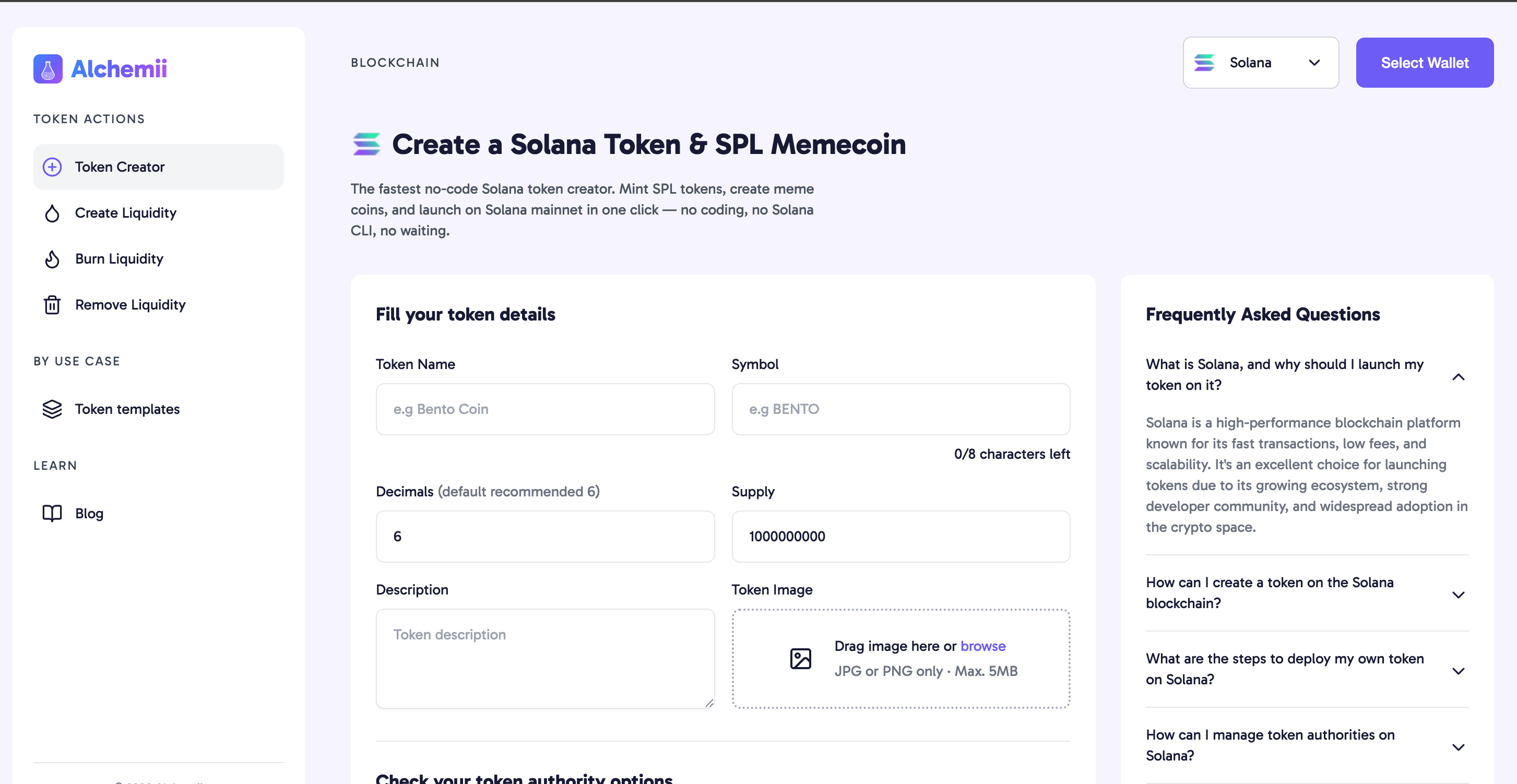 Alchemii Solana Token Creator interface — token name, symbol, decimals, supply, image fields