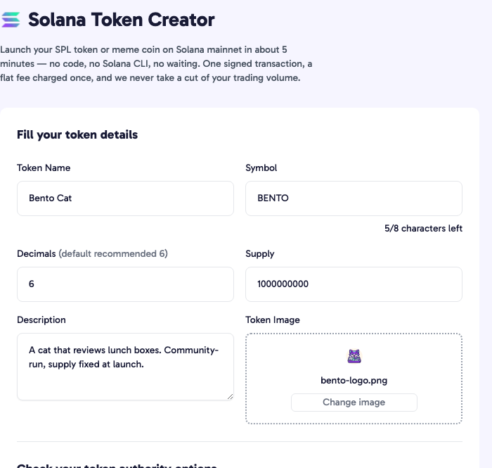 Step 1 of a Raydium launch — the Alchemii token creator with a real memecoin filled in: name, symbol, six decimals, a one-billion supply and an uploaded logo, ready to mint before any liquidity exists