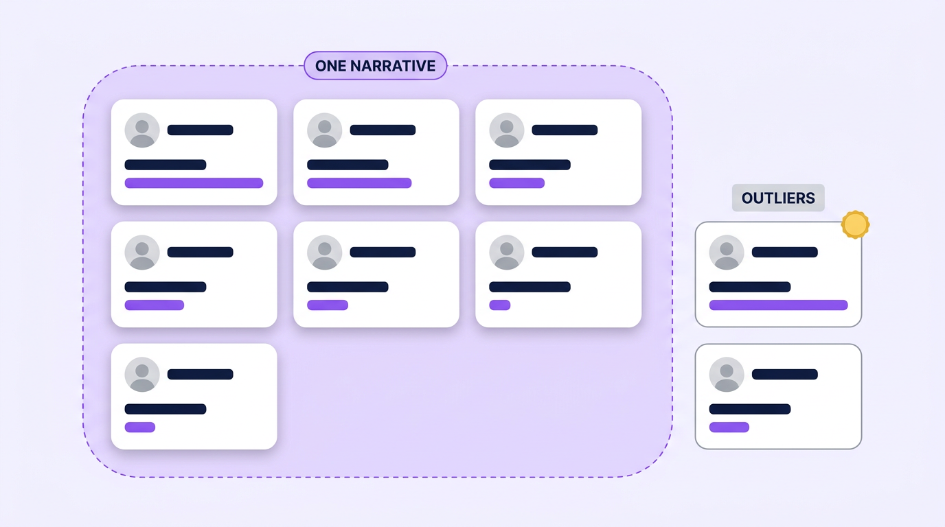 A trending board card grid where seven of nine cards are visually grouped inside one bounded region labelled as a single narrative, with two unrelated cards outside it