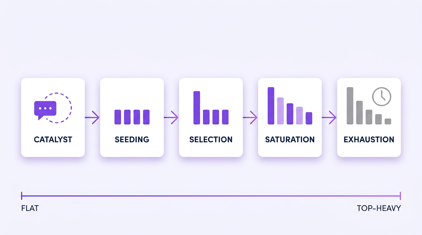 Five-phase horizontal flow diagram showing a memecoin narrative moving from an off-chain catalyst through seeding, selection, saturation and exhaustion