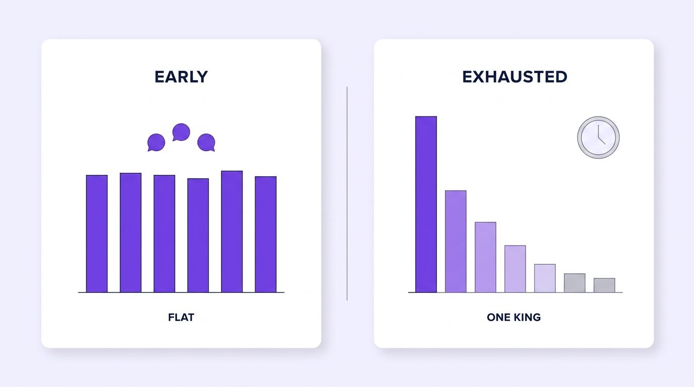 Side-by-side comparison of two cluster distributions: a flat early cluster with similar-height bars, and a top-heavy exhausted cluster with one tall bar and a long tail