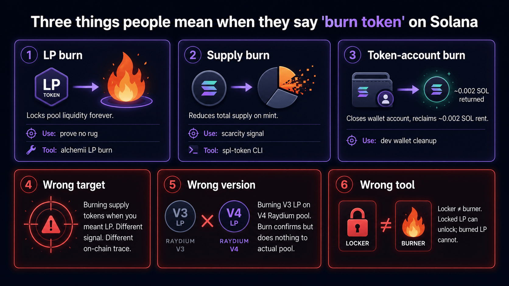 Six-panel infographic titled 'Three things people mean when they say burn token on Solana' — top row covers the 3 valid burn mechanics (LP burn = locks pool liquidity forever; supply burn = reduces total mint supply; token-account burn = closes ATA and reclaims 0.002 SOL rent); bottom row covers 3 common mistake patterns (wrong target = burning supply when you meant LP; wrong version = V3 LP burn on a V4 pool; wrong tool = using a locker instead of a burner)