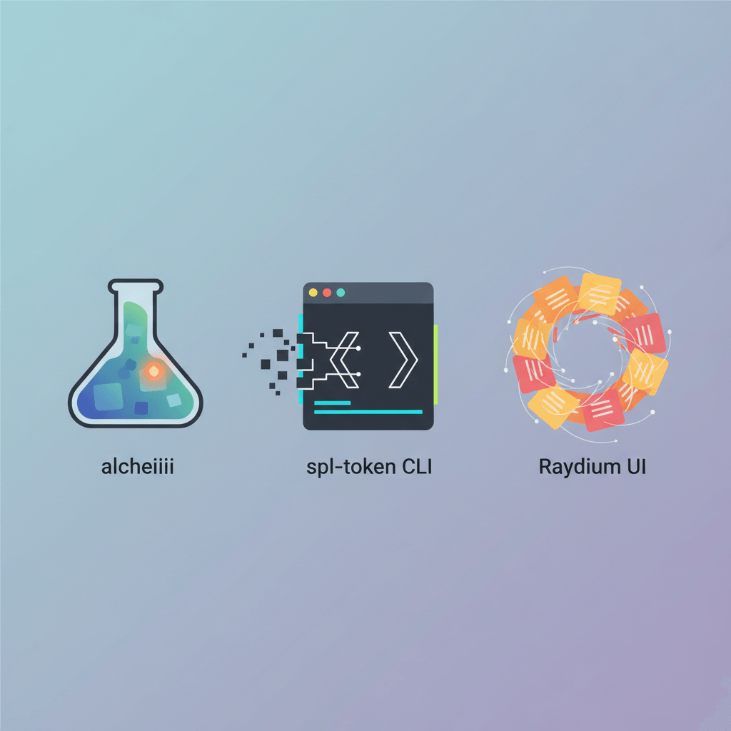 alchemii LP burn UI, spl-token CLI burn command, and Raydium incinerator path — three tools side by side